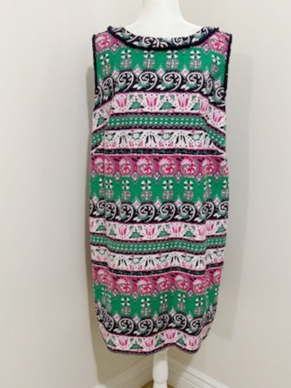 Talbots Woman Floral Fringe Trim Sheath Dress Sleeveless Pink Green Navy Size 18